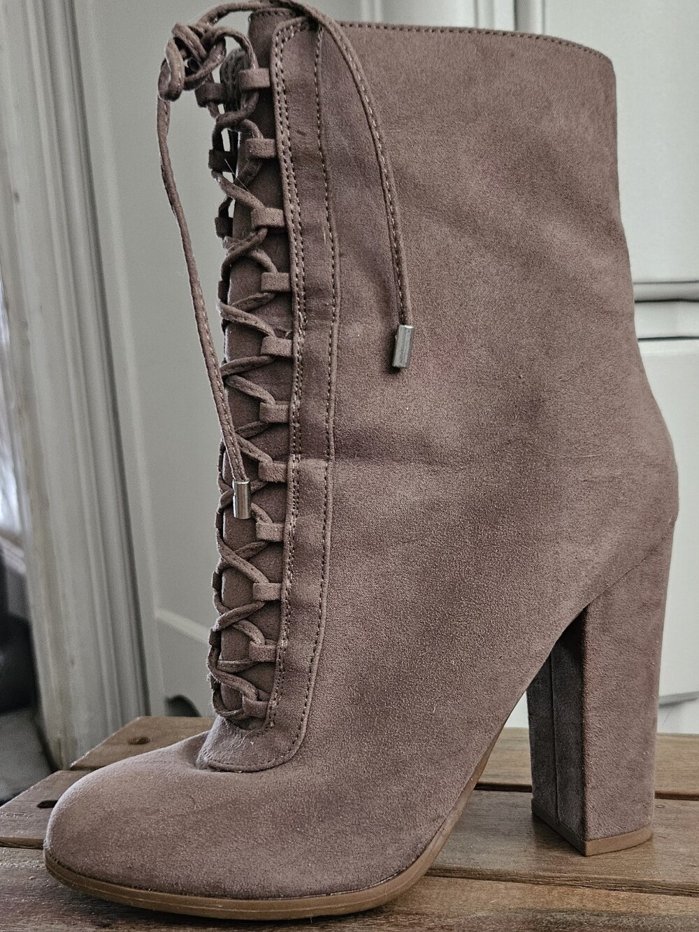 Carlos Lace-Up Suede Block Heel Boot in Taupe